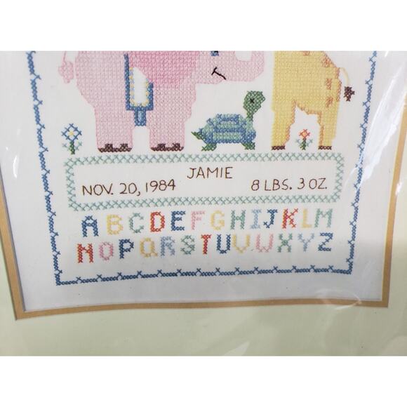 Vintage Birth Sampler Nursery Zoo Safari Animal Elephant Giraffe Cross Stitch - Picture 5 of 9